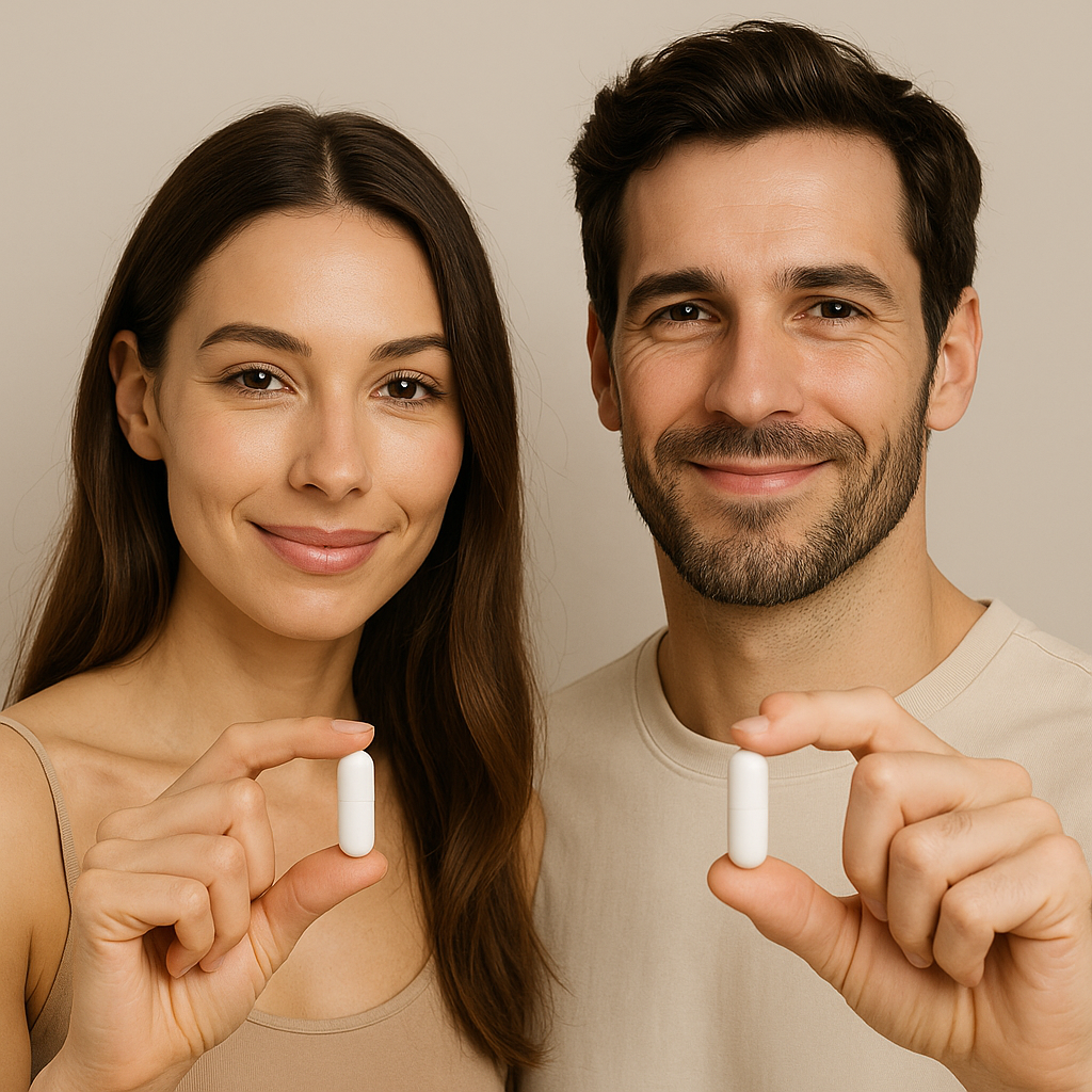 Ein Mann und eine Frau stehen nebeneinander vor neutralem Hintergrund und halten jeweils eine weiße Kapsel zwischen Daumen und Zeigefinger. Beide lächeln in die Kamera. Die Szene vermittelt Gemeinsamkeit, Gesundheitsbewusstsein und moderne Selbstfürsorge. Das Bild dient ausschließlich illustrativen Zwecken und stellt keine Aussage über Produktwirkung dar.