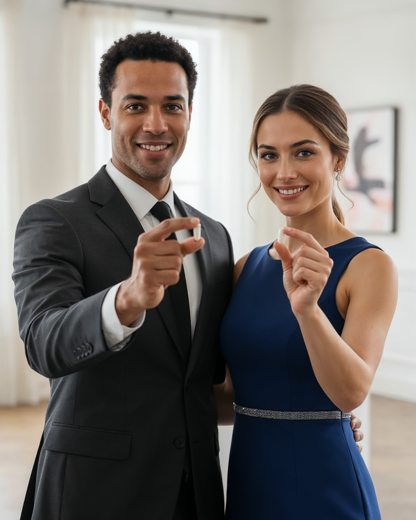 Ein elegant gekleidetes Paar steht lächelnd in einem hellen Raum. Der Mann trägt einen dunklen Anzug, die Frau ein blaues Kleid. Beide halten jeweils eine kleine Kapsel zwischen Daumen und Zeigefinger und präsentieren sie in die Kamera.