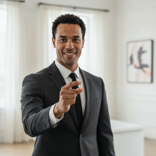 Ein lächelnder Mann in dunklem Anzug und Krawatte steht in einem hellen Raum und hält eine weiße Kapsel zwischen Daumen und Zeigefinger in die Kamera.