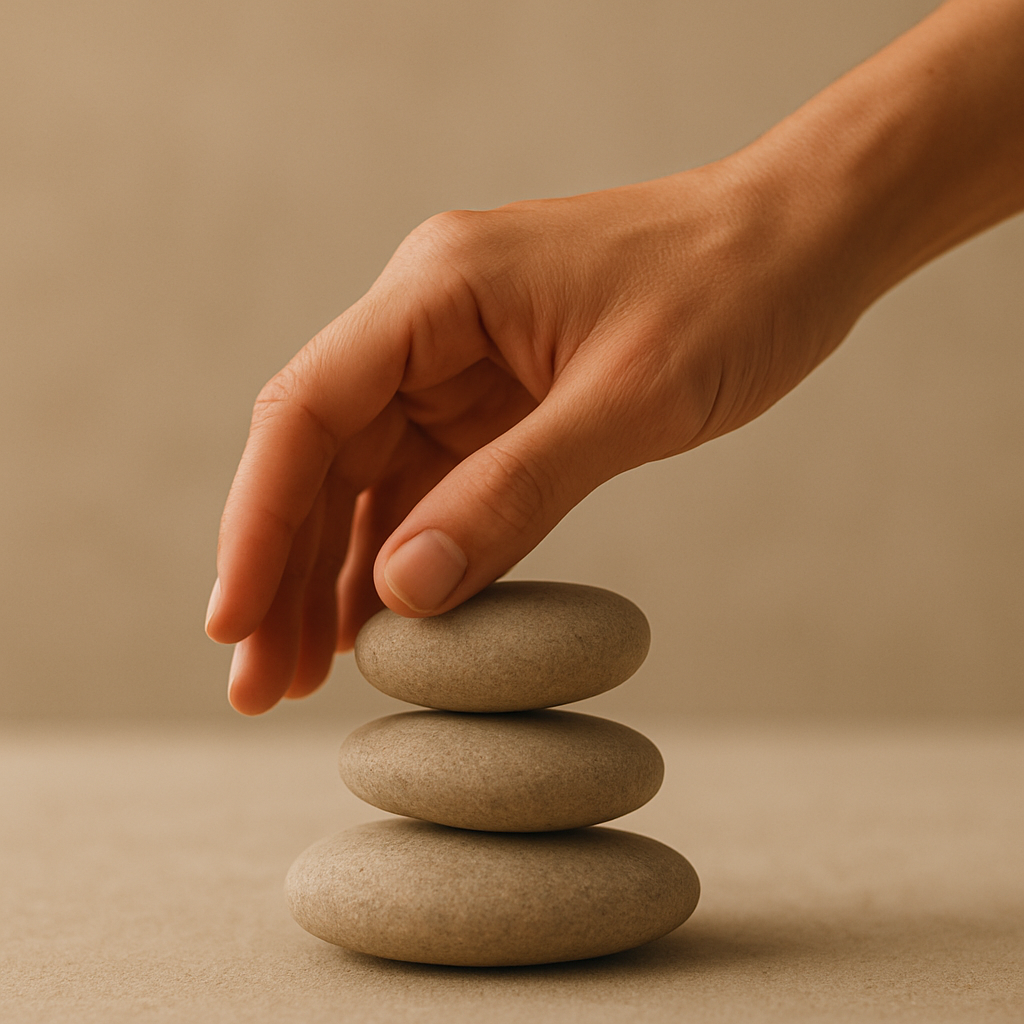 Hand platziert einen glatten Stein auf einen Stapel aus drei naturfarbenen Kieselsteinen vor einem beige-braunen Hintergrund. Die Szene vermittelt Ausgeglichenheit, Achtsamkeit und innere Ruhe. Symbolische Darstellung für Balance, Stabilität und ganzheitliches Wohlbefinden. Das Bild dient ausschließlich illustrativen Zwecken und stellt keine Aussage über Produktwirkung dar.
