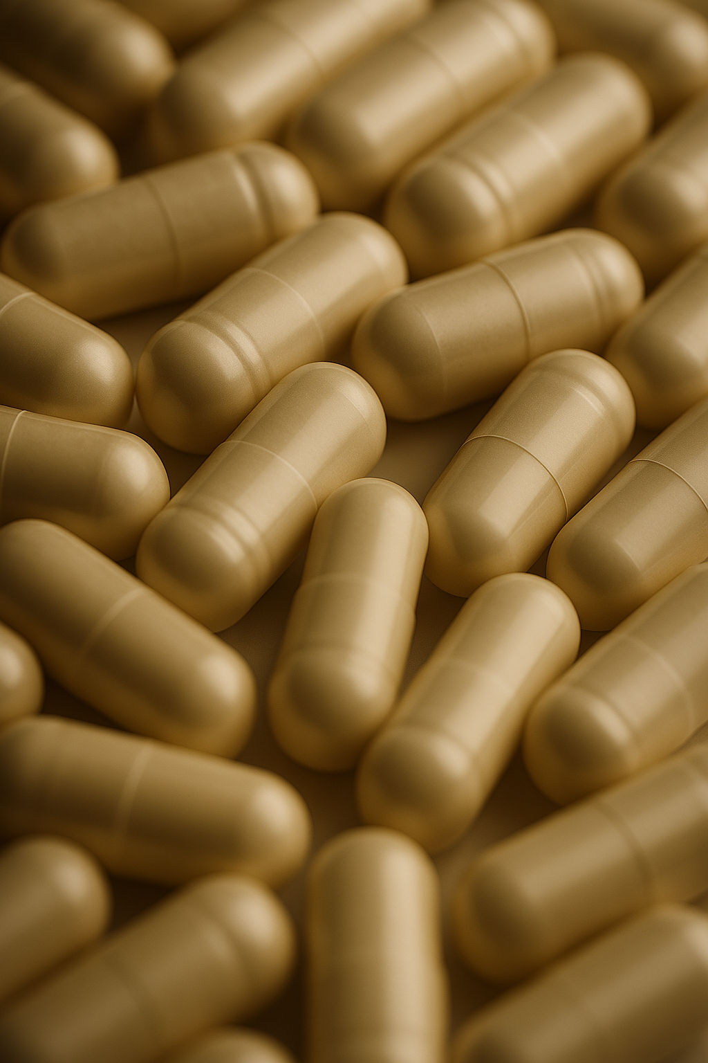 Hochwertige Nahaufnahme cremefarbener Kapseln auf glänzendem Untergrund - stilvolle Visualisierung eines Premium-Nahrungsergänzungsmittels zur Darstellung der Produktästhetik (symbolisch, kann vom Originalprodukt abweichen).