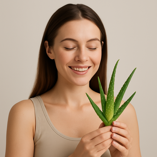 Junge Frau mit natürlichem Lächeln hält ein frisches Aloe-Vera Blatt vor neutralem Hintergrund in den Händen. Die Szene vermittelt Natürlichkeit, Pflanzenkraft und Wohlbefinden. Symbolische Darstellung für naturbasierte Inhaltsstoffe und sanfte Pflege. Das Bild dient ausschließlich illustrativen Zwecken und stellt keine Aussage über Produktwirkung dar.
