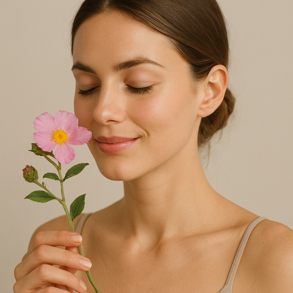 Porträt einer jungen Frau mit geschlossenen Augen, die eine rosa Zistrose (Cistus) in der Hand hält und sanft daran riecht. Die Szene wirkt ruhig und natürlich, symbolisiert Achtsamkeit, Naturverbundenheit und innere Balance. Das Bild dient ausschließlich illustrativen Zwecken und stellt keine Aussage über Produktwirkung oder Inhaltsstoffe dar.