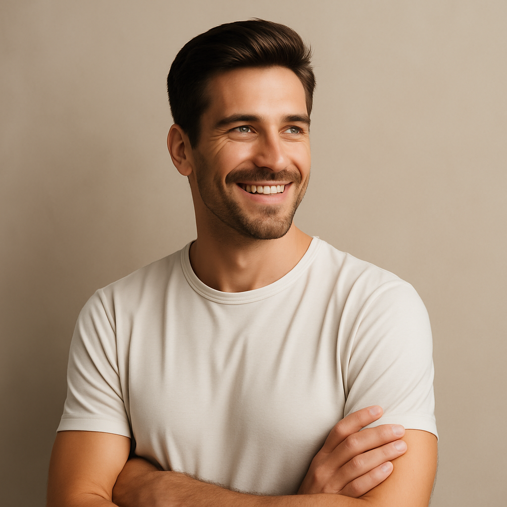 Porträt eines jungen Mannes mit kurzen Haaren und hellem T-Shirt, der entspannt zur Seite blickt und dabei freundlich lächelt. Der Hintergrund ist neutral beige, die Szene vermittelt Selbstvertrauen, Ausgeglichenheit und moderne Männlichkeit. Das Bild dient ausschließlich illustrativen Zwecken und stellt keine Aussage über Produktwirkung dar.