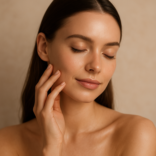 Stimmungsvolle Nahaufnahme einer jungen Frau mit geschlossenen Augen, die mit entspanntem Gesichtsausdruck ihre Wange sanft mit den Fingerspitzen berührt. Die Szene ist weich ausgeleuchtet und strahlt Ruhe, Selbstfürsorge und natürliche Schönheit aus. Symbolische Darstellung im Kontext von Hautpflege, Achtsamkeit und modernem Wohlbefinden - das Bild dient illustrativen Zwecken.