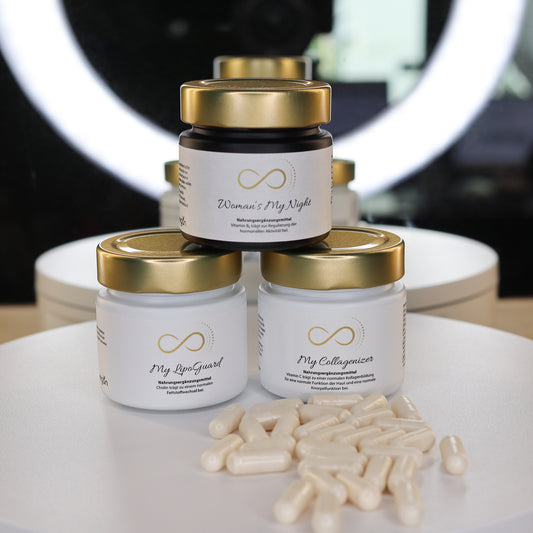 Produktfoto von drei Nahrungsergänzungsmitteln aus dem ANS Nutrivity Secrets Sortiment - als persönliche Empfehlung von Katja Rückemann. Abgebildet sind drei stilvolle Glastiegel mit goldfarbenem Deckel und dezentem Etikett, begleitet von weißen Kapseln im Vordergrund. Die Kombination umfasst die Produkte „My LipoGuard“, „My Collagenizer“ und „Woman’s My Night“. Alle Inhaltsstoffe und gesetzlich vorgeschriebenen Angaben sind auf den jeweiligen Produktseiten im Online Shop einzusehen.