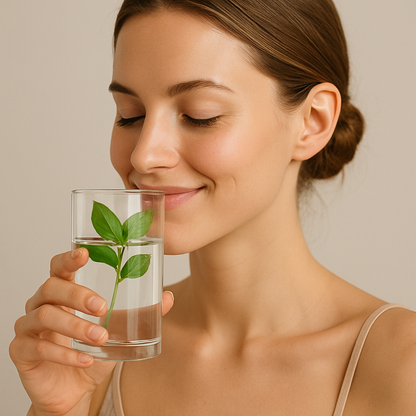 Porträt einer jungen Frau mit natürlichem Teint, die ein Glas Wasser mit einem grünen Blattzweig darin in der Hand hält und lächelnd daran riecht. Die Szene ist minimalistisch, ruhig und naturverbunden inszeniert. Symbolische Darstellung für Reinheit, Achtsamkeit und pflanzenbasierte Gesundheit. Das Bild dient ausschließlich illustrativen Zwecken und stellt keine Aussage über Produktwirkung dar.