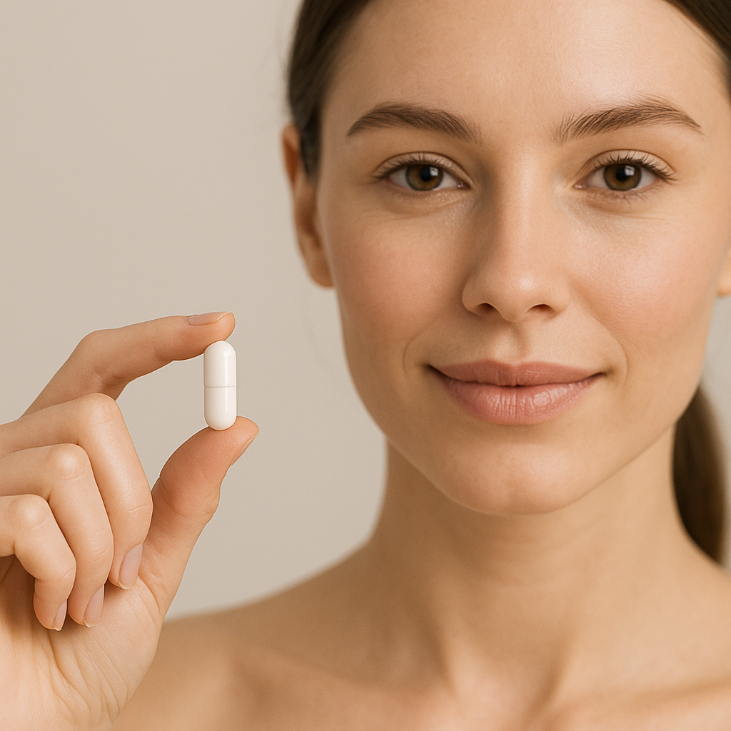 Porträt einer jungen Frau mit natürlichem Teint, die eine weiße Kapsel zwischen Daumen und Zeigefinger hält. Der Hintergrund ist neutral, die Szene ist hell ausgeleuchtet und minimalistisch gestaltet. Das Bild dient der symbolischen Darstellung eines Nahrungsergänzungsmittels und ist nicht bindend für Verpackung, Farbe oder Form des tatsächlichen Produkts.