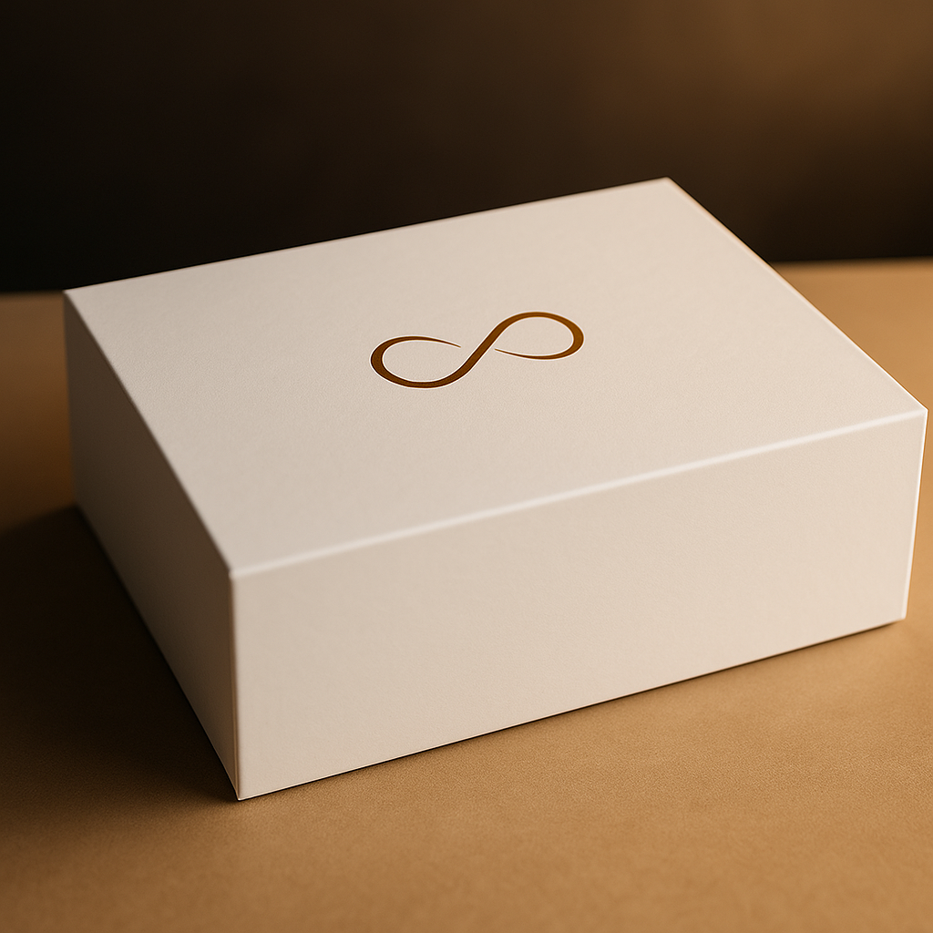 Stilvoll inszenierte Produktverpackung in edlem Weiß mit goldener Unendlichkeits-Schleife auf dem Deckel. Die Box steht auf einer hellen Oberfläche in weichem Licht und vermittelt Hochwertigkeit, Minimalismus und exklusives Design. Die Abbildung dient ausschließlich illustrativen Zwecken und stellt keine Aussage über Produktinhalt oder Wirkung dar.