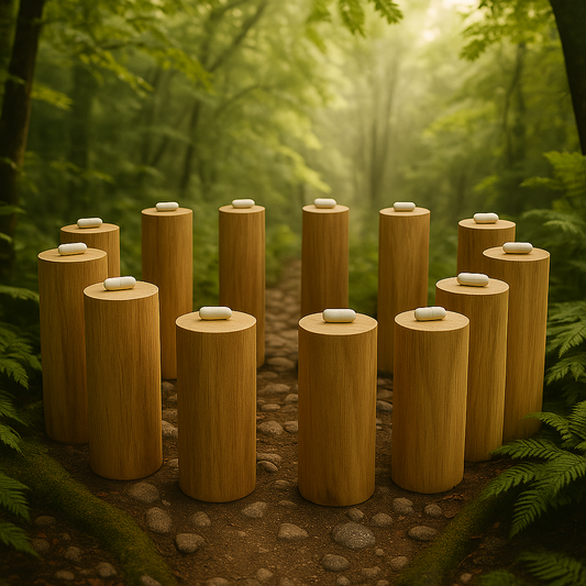 Symbolische Darstellung von zwölf hölzernen Säulen mit je einer weißen Kapsel auf der Oberseite, angeordnet inmitten eines natürlichen Waldbodens mit grünem Blattwerk und weichem Licht. Die Szene steht sinnbildlich für ein ganzheitliches Gesundheitskonzept auf Basis naturbasierter Nahrungsergänzungsmittel. Die abgebildeten Kapseln dienen der Visualisierung und stellen keine konkrete Produktempfehlung dar.